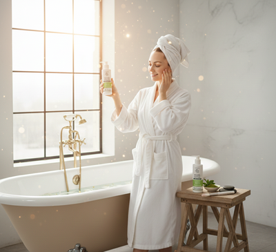 Утренний ритуал красоты с косметикой Виватон, молодая женщина в ванной использует маску с пектином.