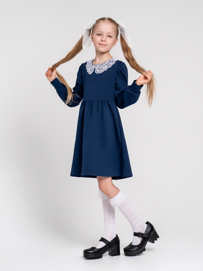 Платье синее с кружевным воротником