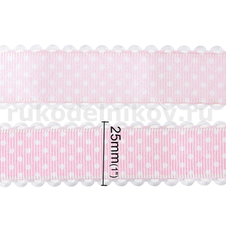 атласная лента "Мелкий горошек", ширина-25 мм, цвет-розовый, отрезок-1 метр