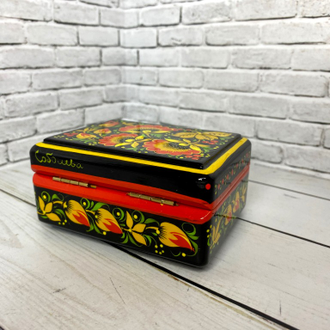 Шкатулка для украшений Цветы черная 90*70 мм деревянная с росписью Хохлома