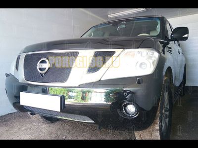 Защита радиатора Nissan Patrol 2010-2013 (3 части) black верх PREMIUM