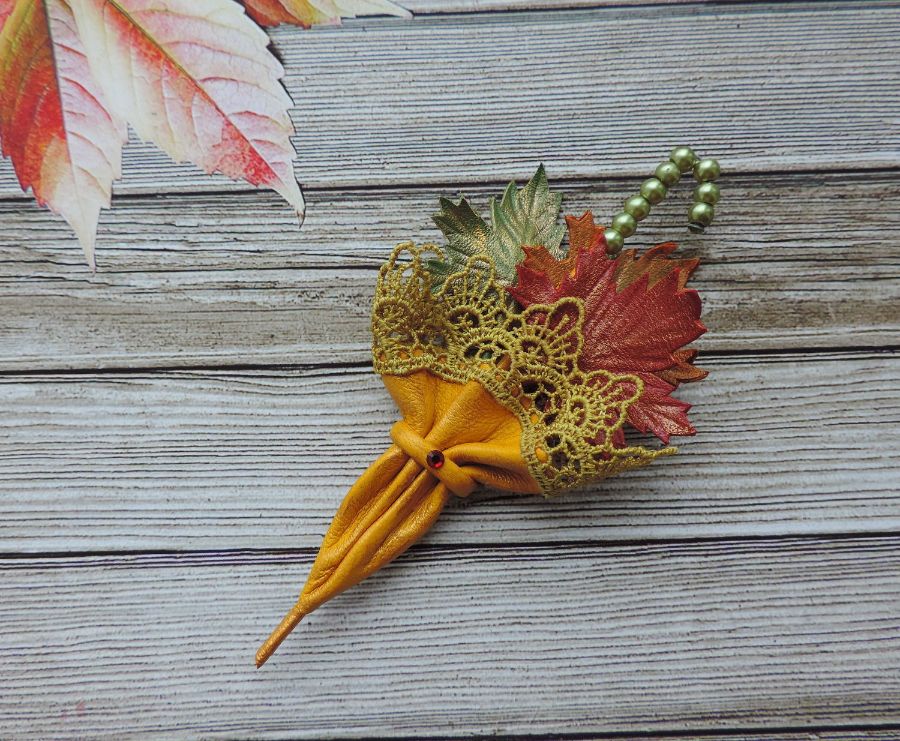 Олеся Ермоленко Цветы из кожи. Брошь-зонтик из кожи "Осенний вальс". Украшение из кожи