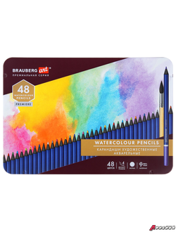 Карандаши художественные цветные акварельные, 48 цветов, 4 мм, металлический кейс, BRAUBERG ART PREMIERE. 181924