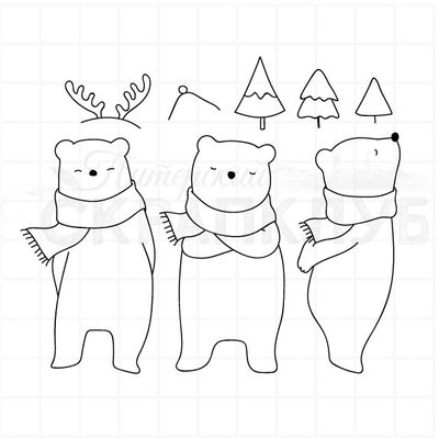 Штамп для творчества три белых медведя, оленьи рожки и шапка