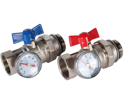 Комплект ROMMER прямых шаровых кранов с термометрами 1"