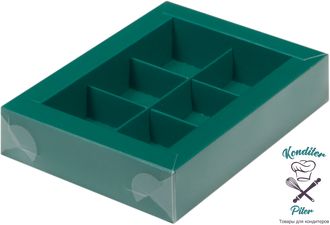 Коробка на 6 конфет с пластиковой крышкой 155*115*30 мм, зеленая матовая
