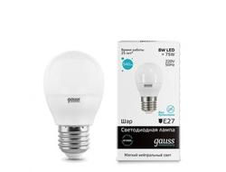 Лампа светодиодная Gauss Elementary Шар G45 E27 8W(540lm) 4100K 4K 82x45 матовая, пластик/алюм. 53228