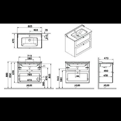 Модуль с классической раковиной, Vitra Root Classic, 80 см, 2 ящика, матовый темно-синий, 68874