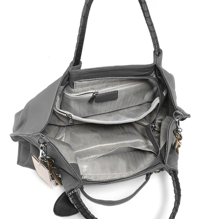 (АРТИКУЛ: 9617/2) СУМКА ЖЕНСКАЯ БОЛЬШАЯ, НАТУРАЛЬНАЯ КОЖА, СEРАЯ С ЧЕРНЫМИ РУЧКАМИ, ПЛЕЧЕВОЙ РЕМЕНЬ С ЦЕПОЧКОЙ