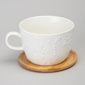 Чайная пара с деревянным блюдцем "Цветочная история" 450 мл