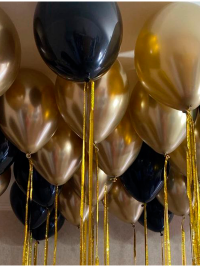 Шары золото, чёрный с дождиком 20 шт под потолок