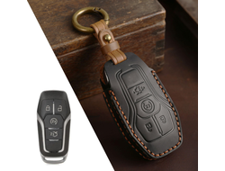 Чехол для смарт ключа Ford Mondeo 5, Explorer 5 с 4 кнопками на брелке. Натуральная чёрная кожа