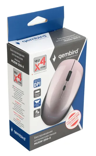 4610085271125  Мышь Gembird MUSW-250-3 беспроводная, 1600dpi, USB, розовый