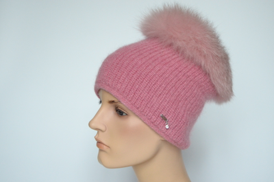 Ярко - розовая шапка вязаная с мехом Vizio Италия 6470 TP