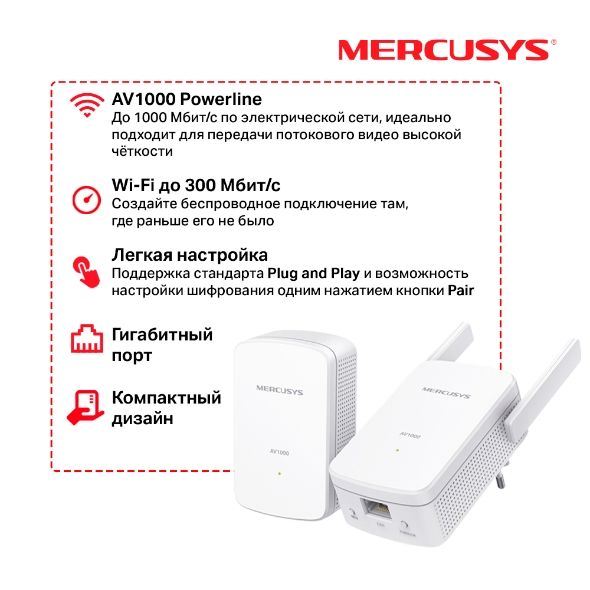 Сетевой адаптер Powerline MERCUSYS MP510 KIT Gigabit Ethernet, (комплект 2 шт.)