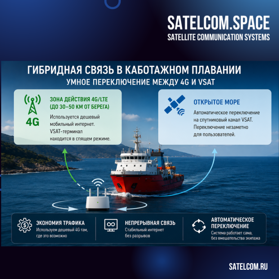 Гибридная связь в каботажном плавании: как умное переключение между 4G и VSAT бережет бюджет 