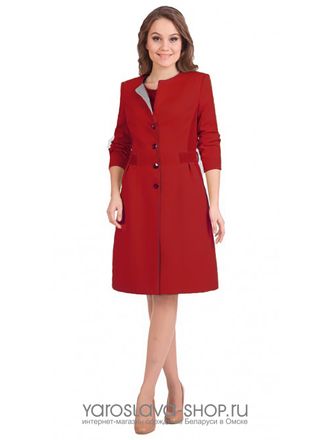 Модель: 1435-П. Пальто красного цвета, отрезное по линии талии.