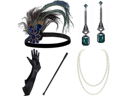 Набор Ганстерша  (мундштук, повязка с пером и брошью, серьги, перчатки, бусы)