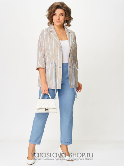 Брючный комплект: бежевая блуза в полоску, голубые брюки (модификация 3)