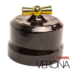 керамический ретро выключатель 2 клавишный коричневый Verona с золотой ручкой