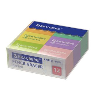 Ластики BRAUBERG "Pastel Soft" НАБОР 12 шт., размер ластика 31х20х10 мм, экологичный ПВХ, 229598