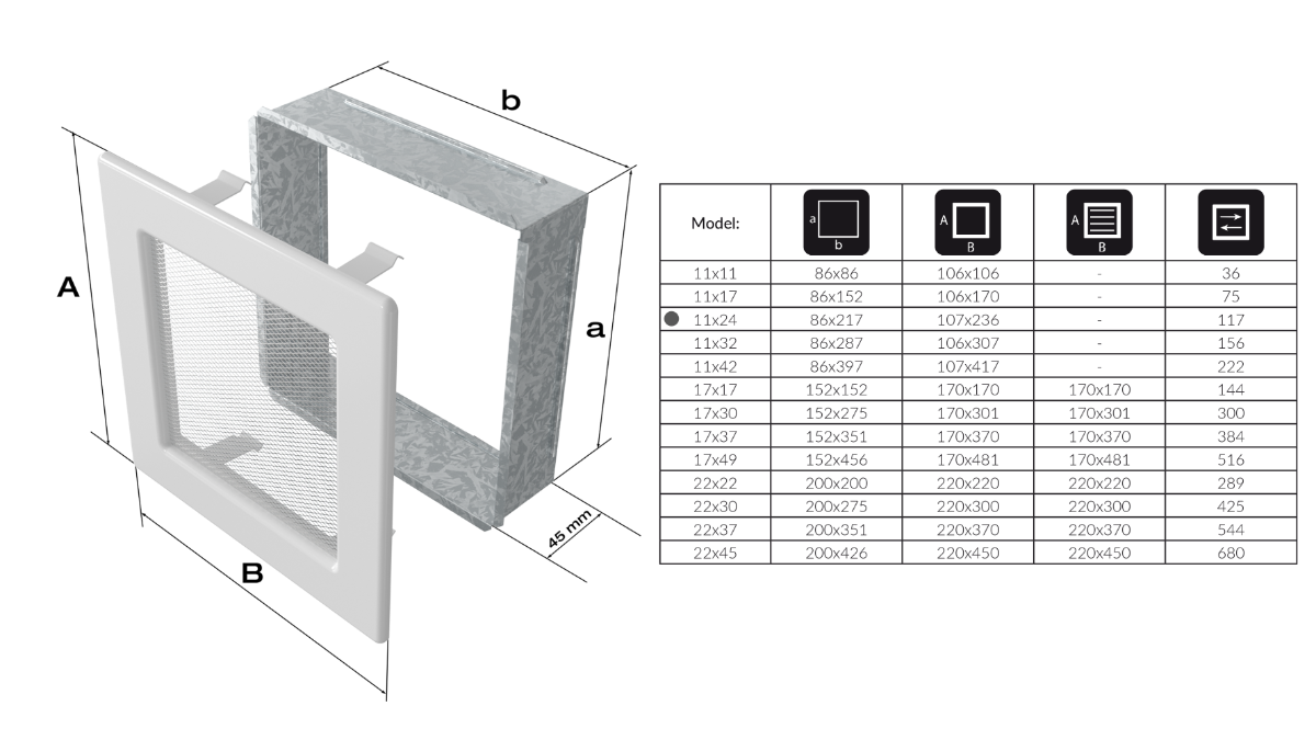 Вентиляционная решётка каминная Kratki 11x24 белая