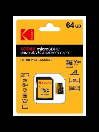 Карта памяти Kodak Micro SD, класс 10, UHS-1 U3 V30 A1 на 64 ГБ, чтение 90 МБ/с, запись данных 30 МБ/с, + переходник SD