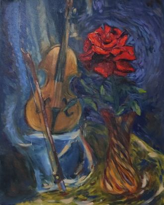 Орлова И.В.  Натюрморт со скрипкой И розой 2022 г. Холст, масло 50Х40 (13)