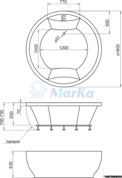 Ванна акриловая 1Марка 1,8*1,8 ОМЕГА круглая 600л (каркас+панель)