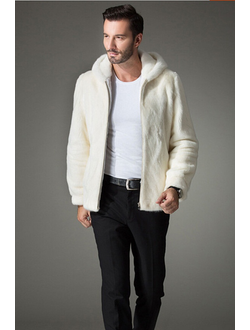 Шуба куртка с капюшоном норковая мужская зимняя натуральный мех норка  белый жемчуг арт. Ми-021