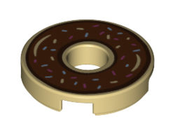 Tile, Round 2 x 2 with Hole with Donut / Doughnut with Reddish Brown Chocolate Frosting and Sprinkles Pattern, Tan (15535pb06 / 6323422)