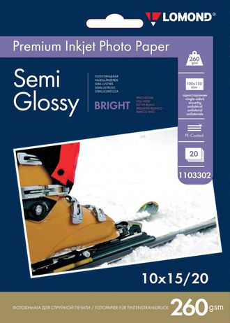 Полуглянцевая ярко-белая (Semi Glossy Bright) микропористая фотобумага Lomond для струйной печати, A6, 260 г/м2, 20 листов.