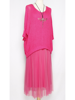 Костюм джемпер  и платье "Сетка гофре асимметрия" фуксия р.44-46