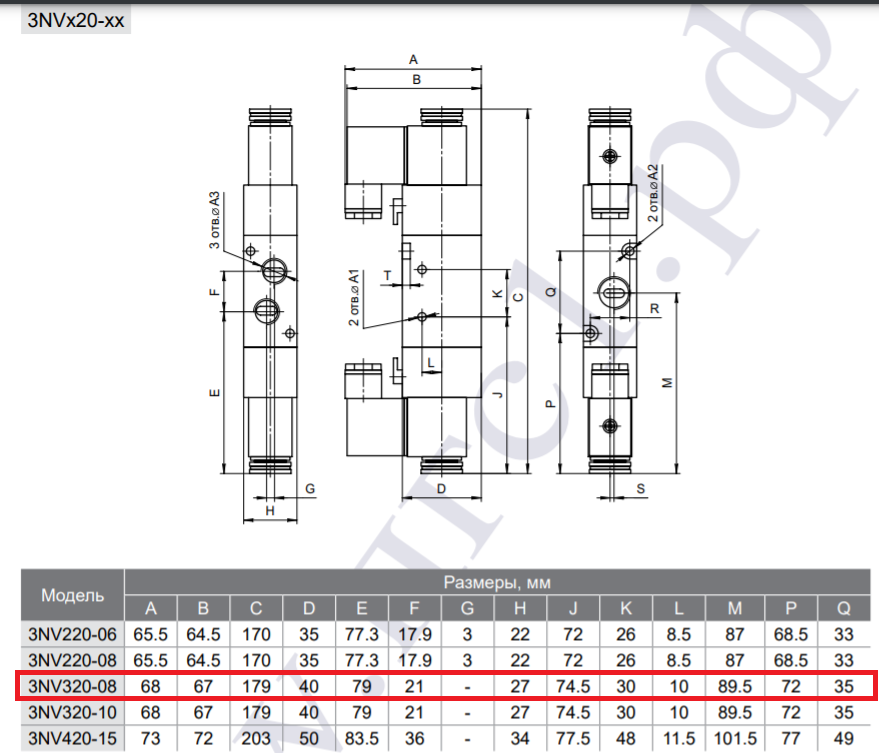 Габаритные и присоединительные размеры 3/2 пневмораспределителя 3N320-08 (3NV320-08)
