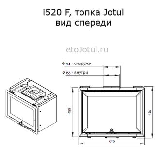 Размеры топки Jotul i520 F, высота, ширина, вид спереди