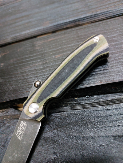 Фрикционный складной нож Микрос сталь К110 BlackWash, рукоять G10, цвет тайга