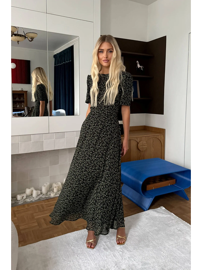 Платье-миди с юбкой-солнце и коротким рукавом (принт розовые цветы)