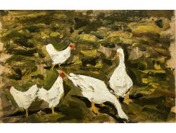 Туржанский Л.В. Куры и гуси 1920-е гг. Картон, масло 16Х24 (1235)