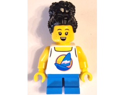 Child - Girl, White Tank Top with Sailboat, Dark Azure Short Legs, Black Coiled Hair with Bun, Freckles, n/a (cty1624)