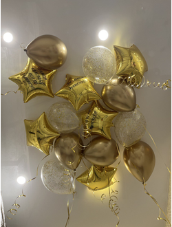 Шары золотые, с конфетти, звёздочки 15 шт под потолок