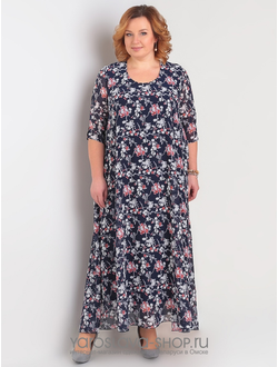 Модель: А-3176-1. Платье синее с розово-серым цветочным рисунком из шифона