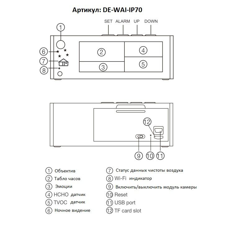 IP видеоняня WiFi (Настольные часы - информатор качества воздуха, охранная видеокамера) с аккумулято