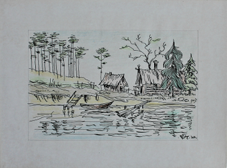 "На реке" бумага тушь, восковая пастель 1970 год