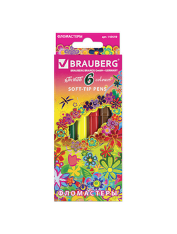 Фломастеры BRAUBERG "Blooming flowers", 6 цветов, вентилируемый колпачок, картонная упаковка с фольгой, 150559, 24 наборов