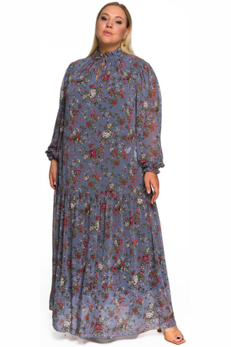 Платье длинное со стоечкой 2232302 цветы на графитовом