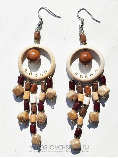 М-112. Серьги деревянные кольцо граб висячие кубики.