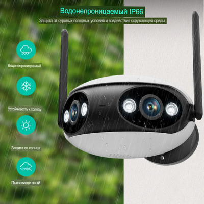 Уличная WiFi/LAN видеокамера панорамная с 2 объективами 4Мп+4Мп (8 Мп) Ultra HD. ночная подсвета ИК/белый свет, интерком связь, с DVR,  (icSee)