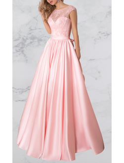 Нарядное вечернее платье на свадьбу розовое с пышной атласной юбкой ажурным верхом