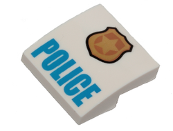 Slope, Curved 2 x 2 x 2/3 with Gold and Copper Badge with Star and Black Outline, Blue POLICE Pattern, White (15068pb046a / 6174872)