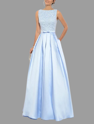 Длинное голубое вечернее платье А-силуэта из атласа с кружевом на свадьбу подружкам невесты